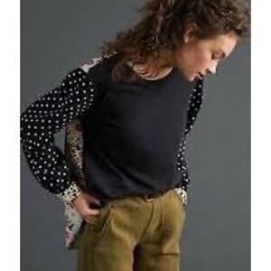 Maeve Anthropologie Mixed Media Floral Polka Dot Button Back Top Black Large